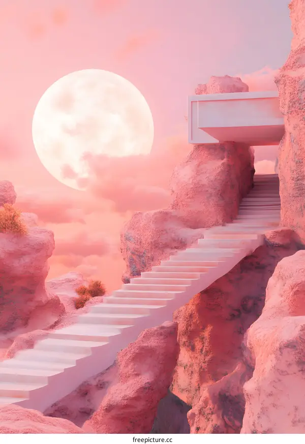 Pink Sky Surreal Stairway to Heaven with Moon