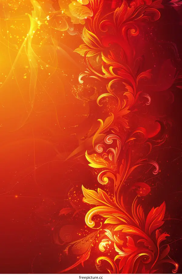 Floral Pattern of Golden Blooms Against Crimson Background