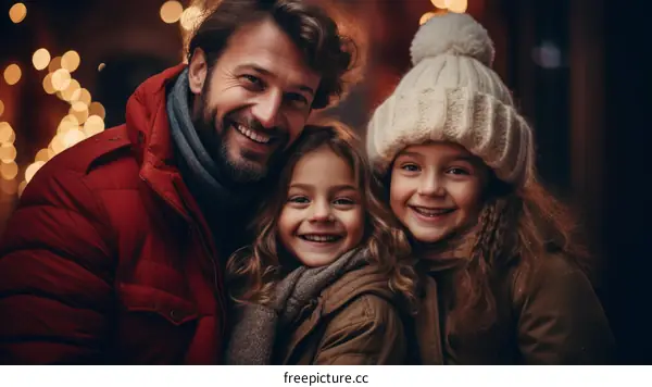 Happy family of three smiling together in front of a blurry background of bokeh lights