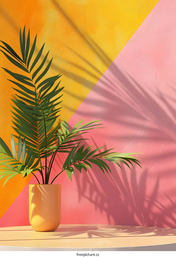 Minimalist Green Palm Tree Plant in Yellow Pot Against Pink and Yellow Wall Background