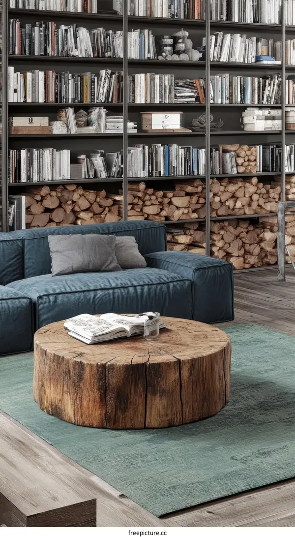 Rustic Modern Living Room with Bookshelves and Wooden Coffee Table