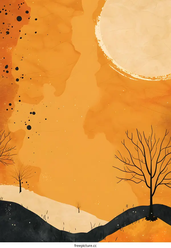 Abstract Orange Watercolor Background With Black Trees