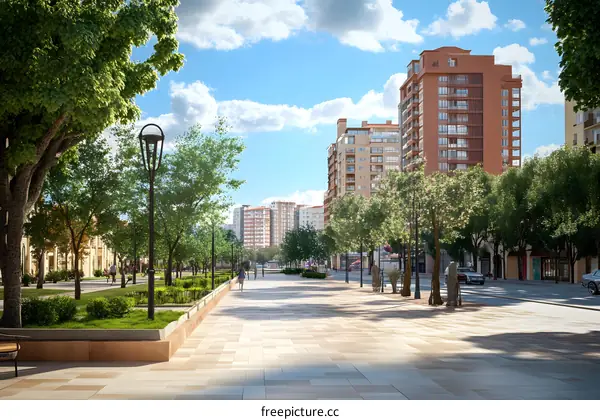 Modern Cityscape with Pedestrian Walkway and Building