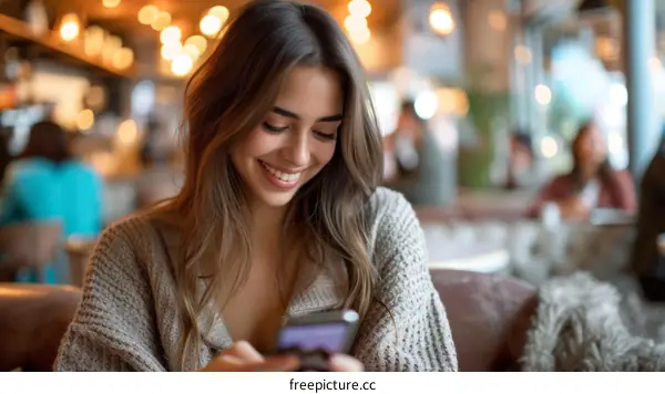 Young woman smiling while texting on her phone in a cafe