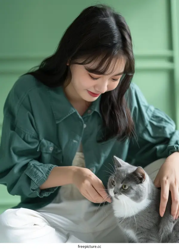 A young woman is petting a gray and white cat