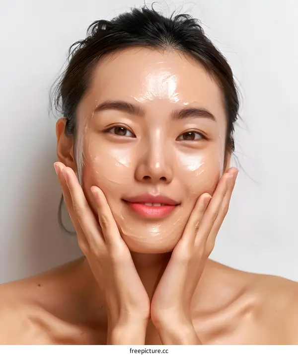 Asian Woman Applying Face Mask Smiling