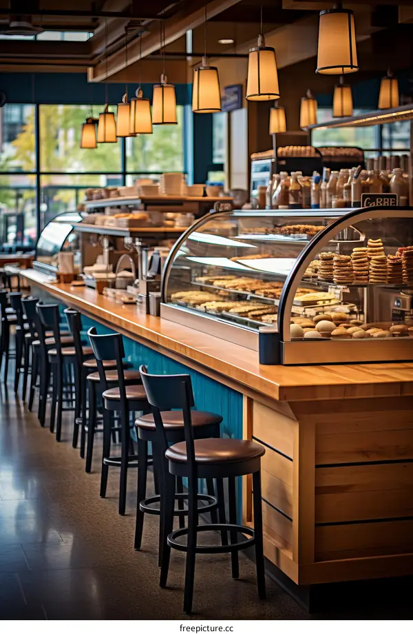 Minimalist Cafe Interior with Wooden Counter and Blue Stools
