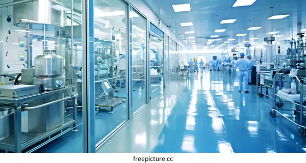 Clean Room Manufacturing Facility with Workers in Blue Suits