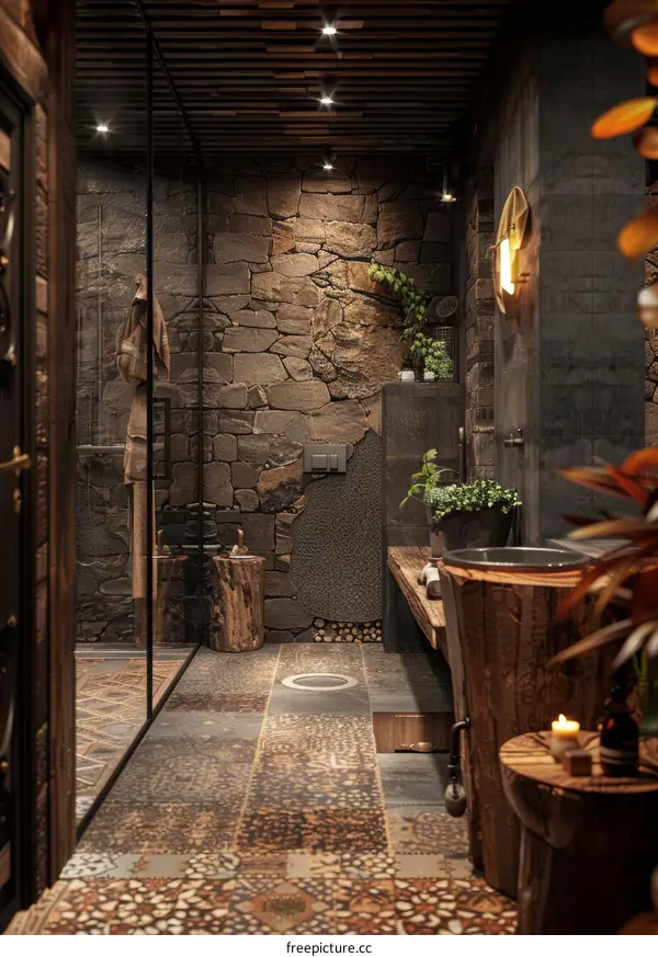 Nature-Inspired Bathroom Design with Wood and Stone