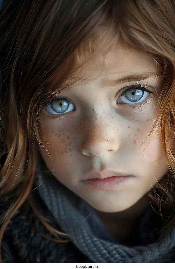 Portrait of a young girl with freckles and blue eyes