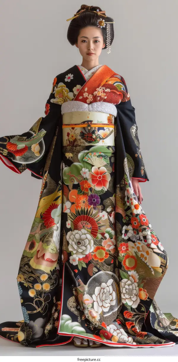 A Japanese woman wearing a traditional kimono