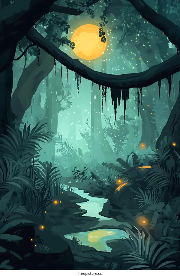 Magical Forest Night With Moon And Fireflies