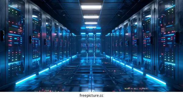Blue and Black Futuristic Server Room With Glowing Lights