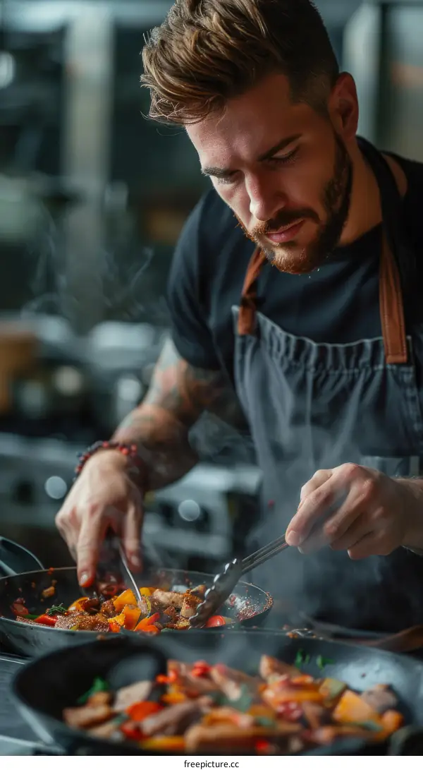 Focused male chef cooking in a restaurant kitchen