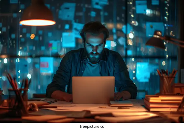 Male software engineer working on a new project at night