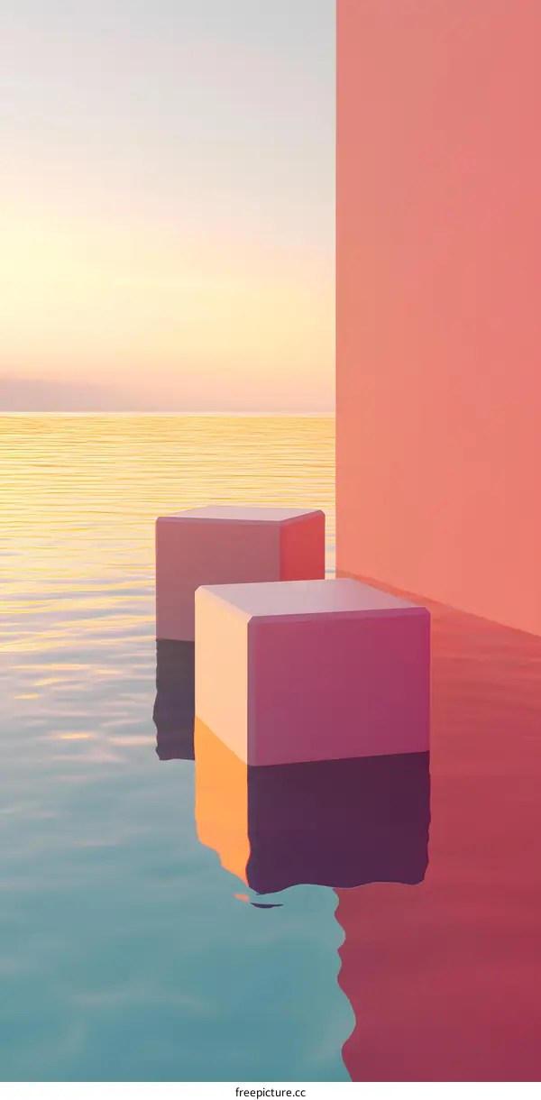Two Pink Cubes Floating on the Ocean at Sunset