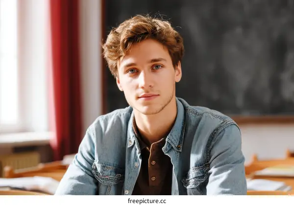 Close-up portrait of a Caucasian young man in a classroom