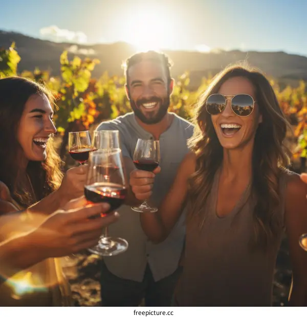 Four friends laughing and toasting with red wine in a vineyard