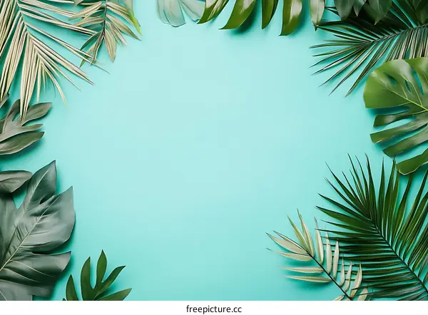 Tropical Leaves Frame on Teal Background