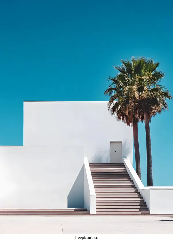 Minimalist White Building with Palm Trees Under a Blue Sky