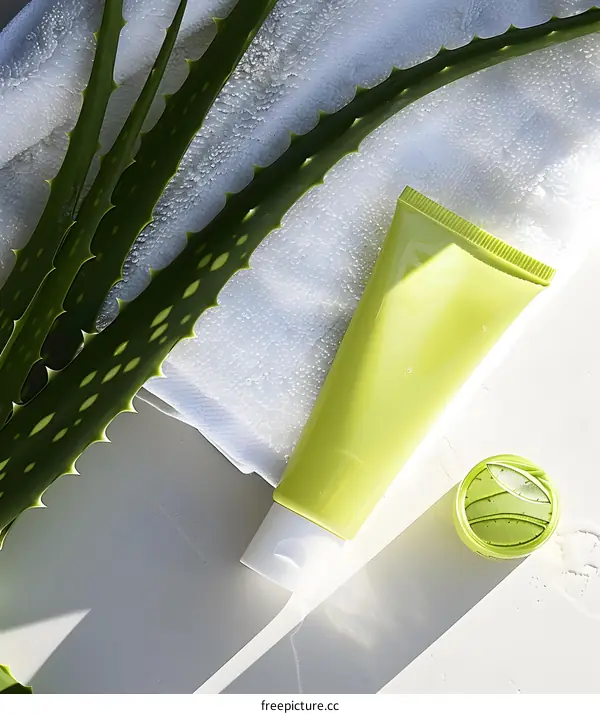 Aloe Vera Plant and Cream Tube on White Towel
