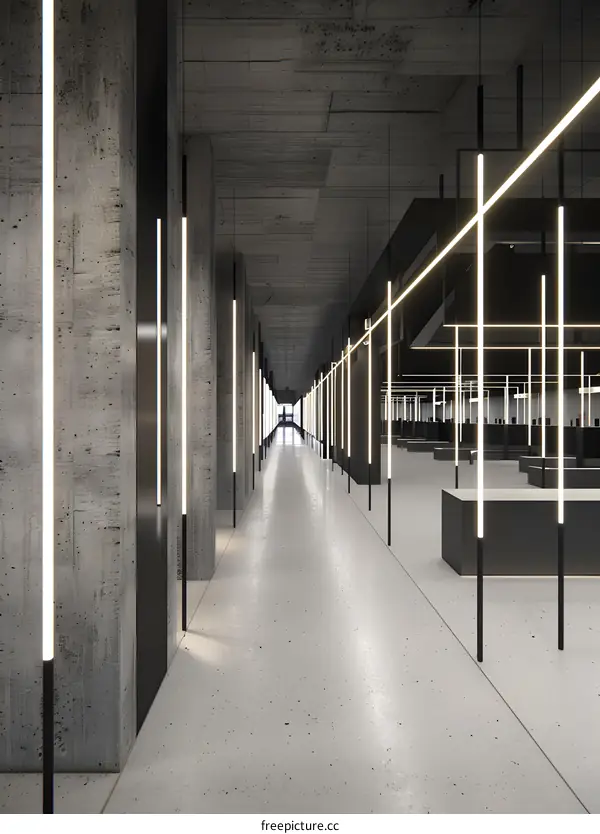 Modern Minimalist Concrete Corridor with Linear Lights