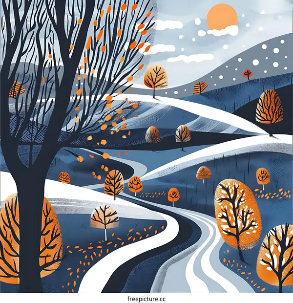 Winter Landscape Illustration With Snow Covered Hills And Winding Road