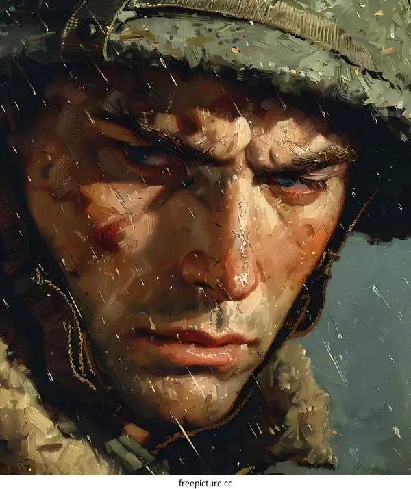 Close Up Portrait Of A Soldier In The Rain