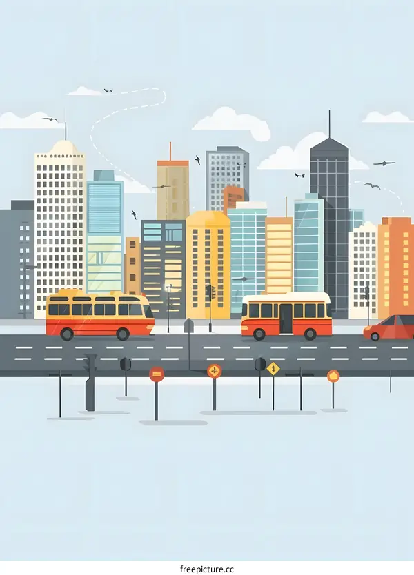 Cityscape with buses and buildings in flat style