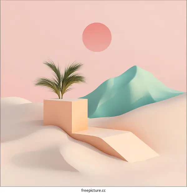 Minimalist 3D Render of a Desert Scene with a Palm Tree and a Mountain
