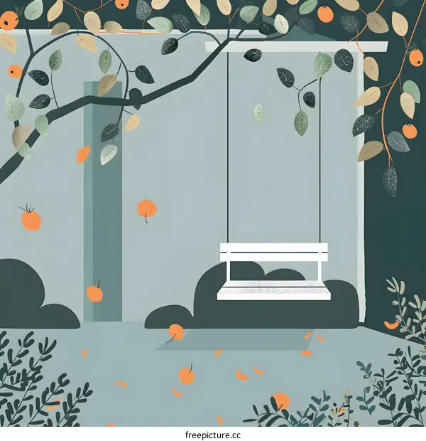 Simple Illustration of a Swing Under a Tree with Orange Fruits