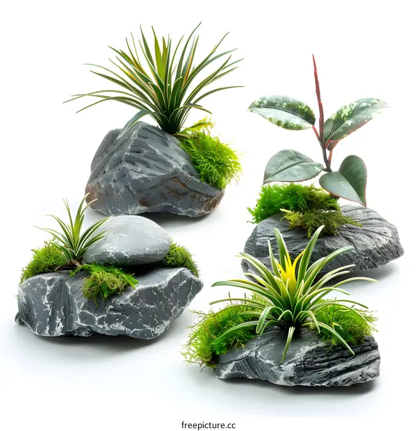 Four arrangements of rocks, moss, and various small plants
