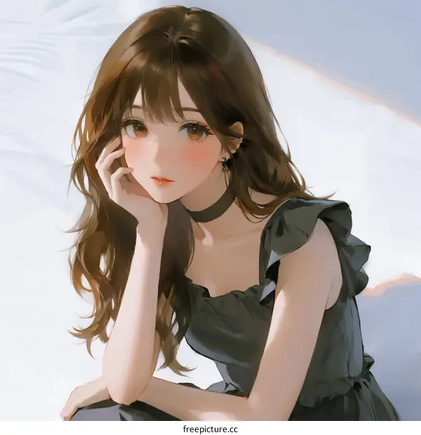 A Young Woman with Long Wavy Hair Wearing a Black Ruffled Dress