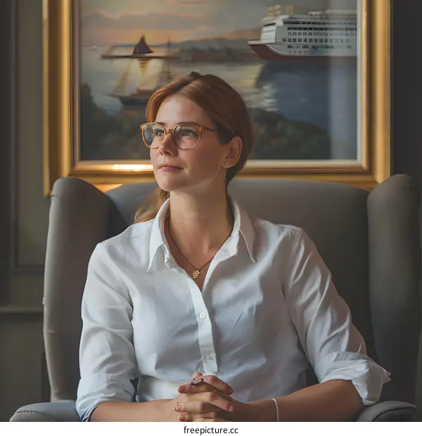 portrait of a young woman in a white shirt sitting in a chair in front of a painting of a ship at sea