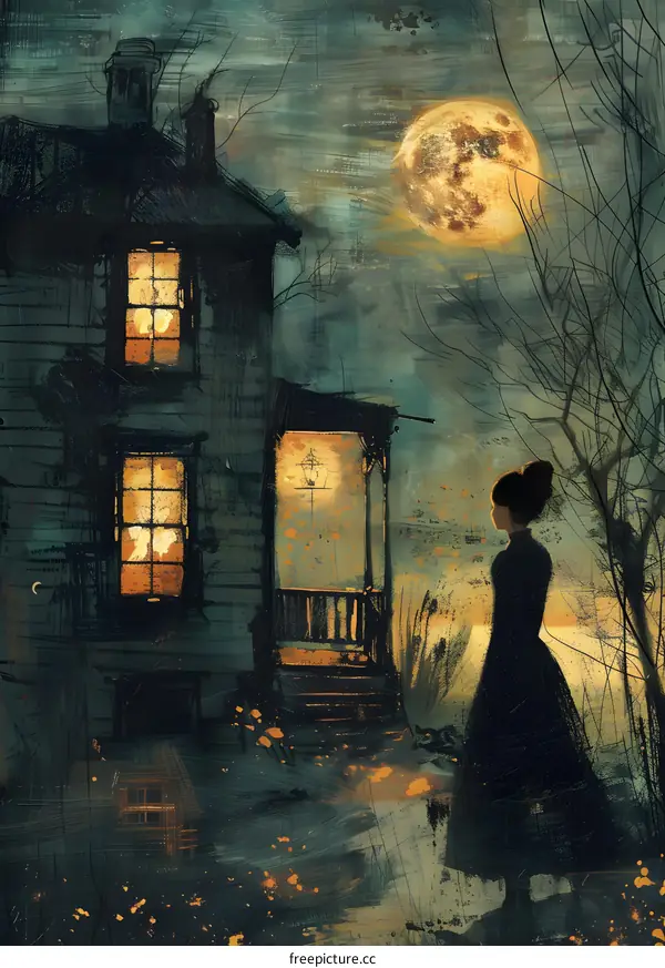 Woman standing in front of haunted house