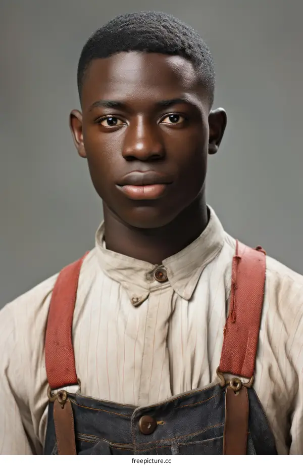 Portrait of a young African-American man wearing a striped shirt and suspenders