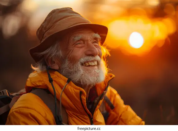 Elderly Man Smiling Outdoors at Sunset