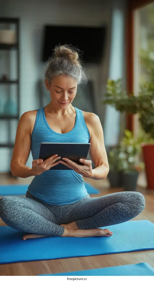 Senior woman practicing yoga with a tablet