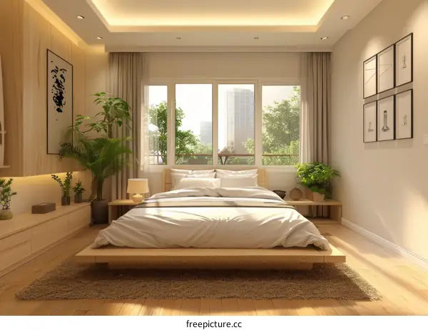 A bedroom with a large bed, a rug, and some plants