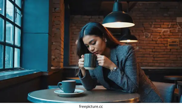 Woman Enjoying Coffee in a Stylish Cafe
