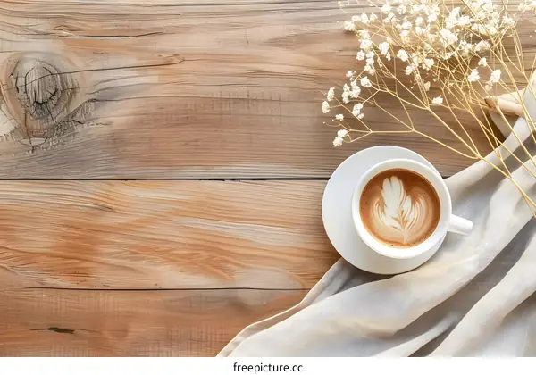 Flat Lay with Coffee Cup, Flowers and Linen Cloth on Wooden Background