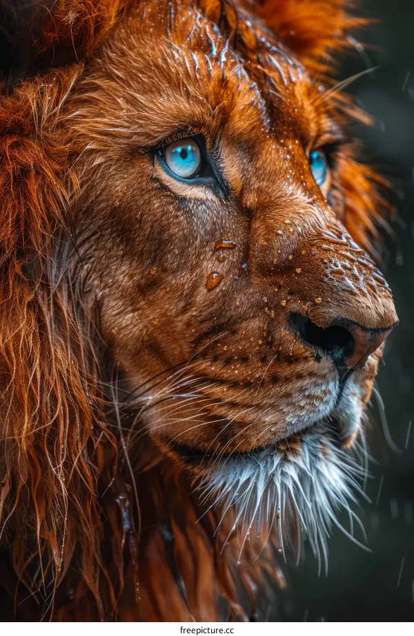 Close-up portrait of a majestic male lion with a wet mane and piercing blue eyes