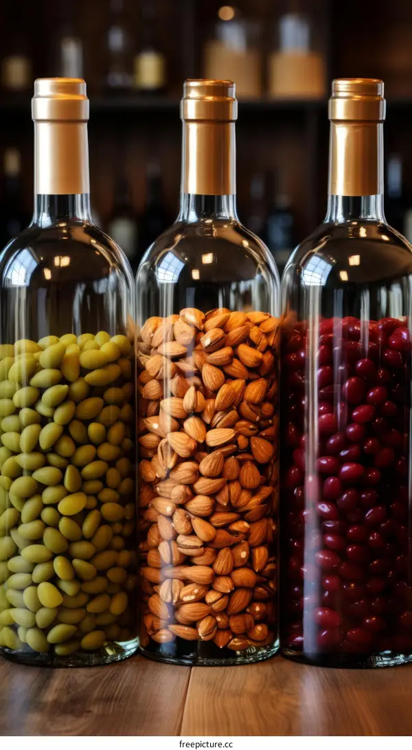 Three bottles of different nuts and beans