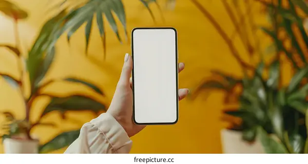 Hand Holding Smartphone With White Screen In Front of Yellow Wall