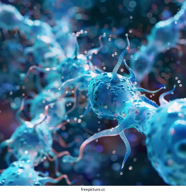 3D illustration of blue virus or bacteria cells