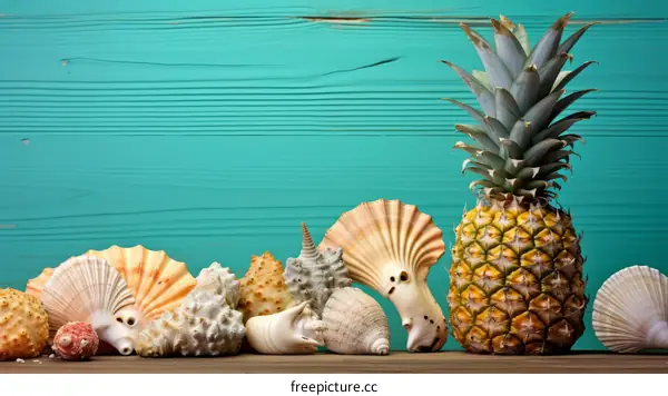 Seashells and Pineapple on a Wooden Table