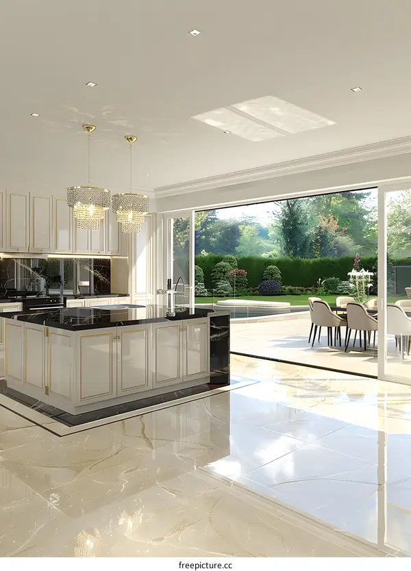 Modern Kitchen with Patio View and Crystal Chandeliers