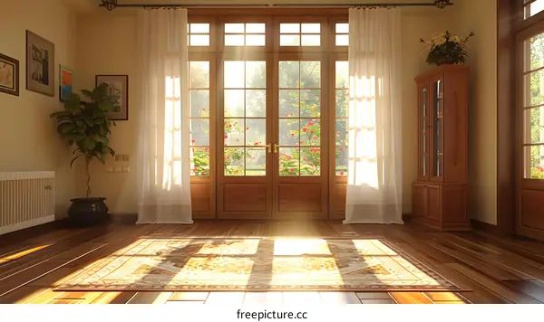 Bright living room with wooden floor and big windows