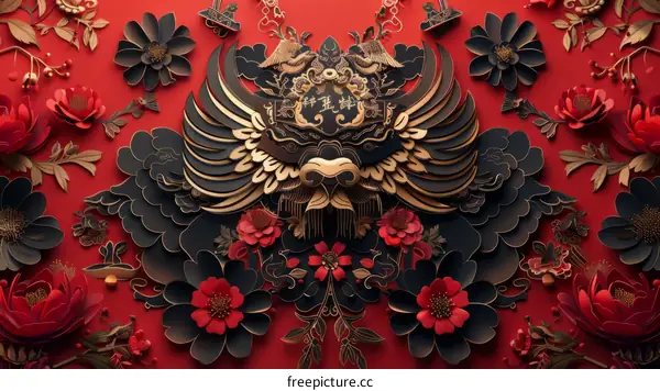 red and black paper cut of a lion head with intricate floral patterns