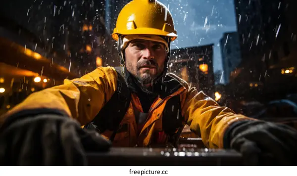 Construction worker wearing hardhat and rain gear working in the rain